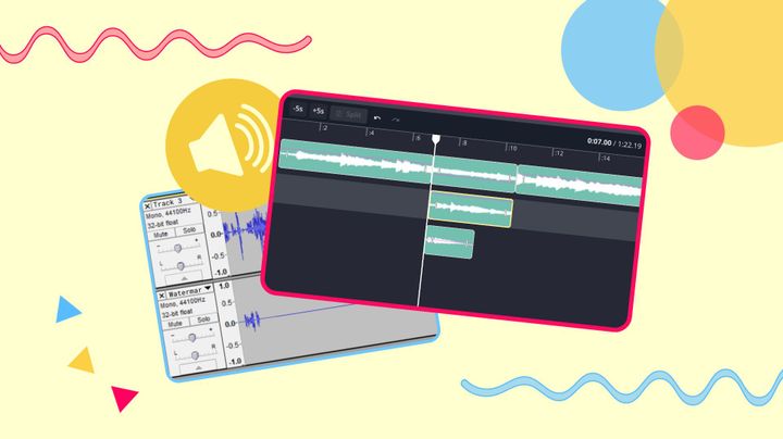 A graphic featuring screenshots from Audacity and Kapwing. 