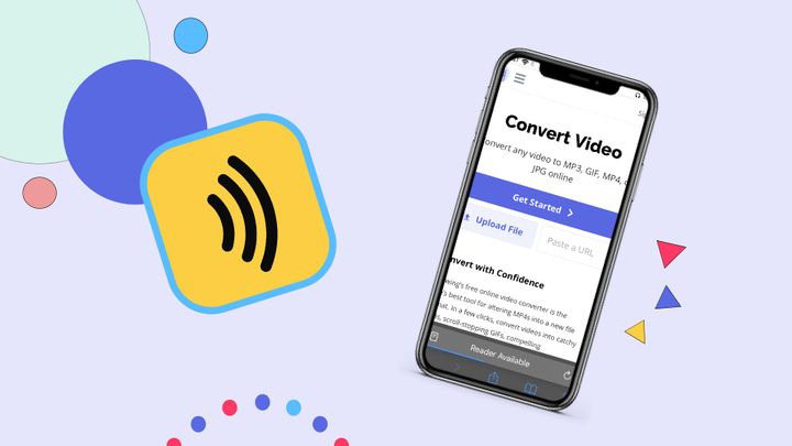 light purple background with shapes and a cellphone displaying the convert video tool by Kapwing next to an audio symbol