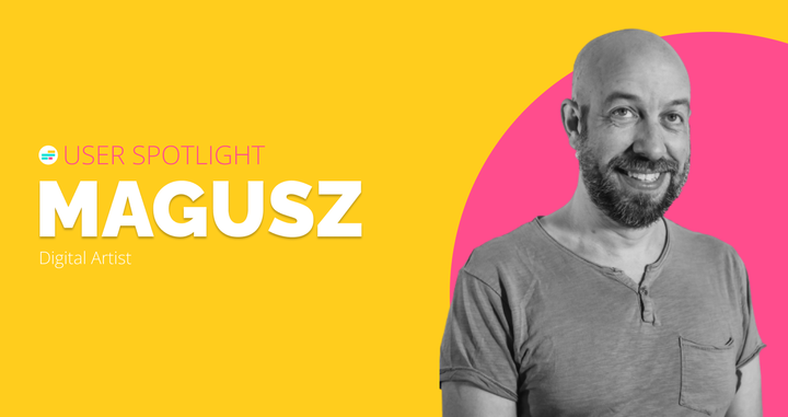 Image of Magusz in black and white with his name in caps and all white on a yellow and pink background