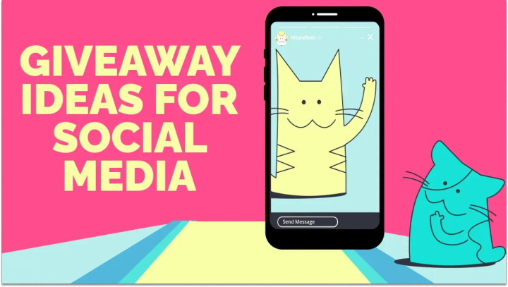 Illustration of the Kapwing mascot watching a giveaway announcement video on a mobile phone.