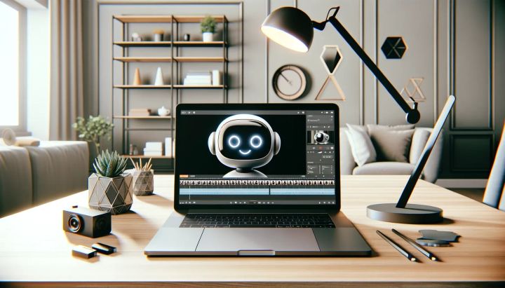 Picture of an android figure looking at the viewer from inside a video editing program.