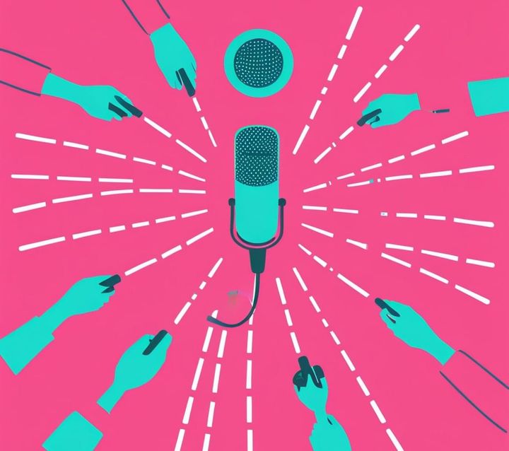 Illustration of a microphone with many hands reaching out to it from everywhere.