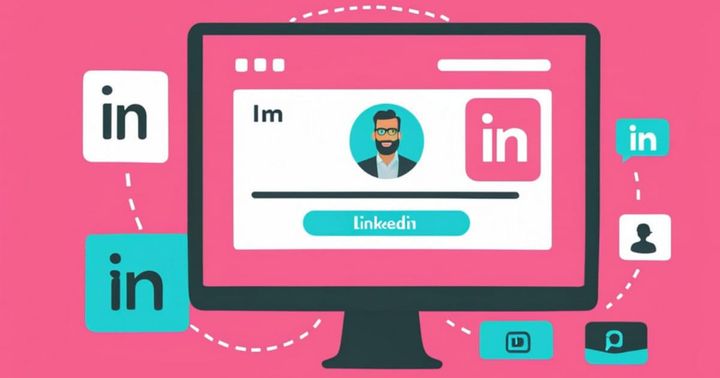 Illustration of a desktop with a LinkedIn profile on screen with a bright pink background.
