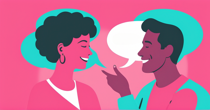 Two people having a conversation with speech bubbles around them, representing a translation from Spanish to English. 