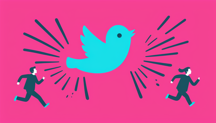 An animated image shows two humans running away and the bird from thformer Twitter logo flying off