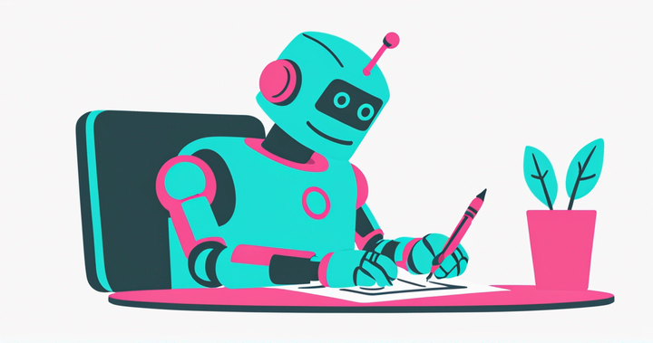 ChatGPT revising a subtitle transcript represented by a robot writing at a desk.