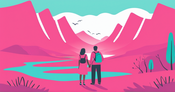 Two people standing in a sprawling landscape participating in the "Almost forgot this is the whole point" trend