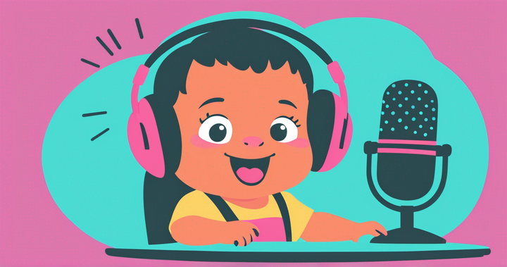 Example AI baby podcaster sitting in front of a microphone. 