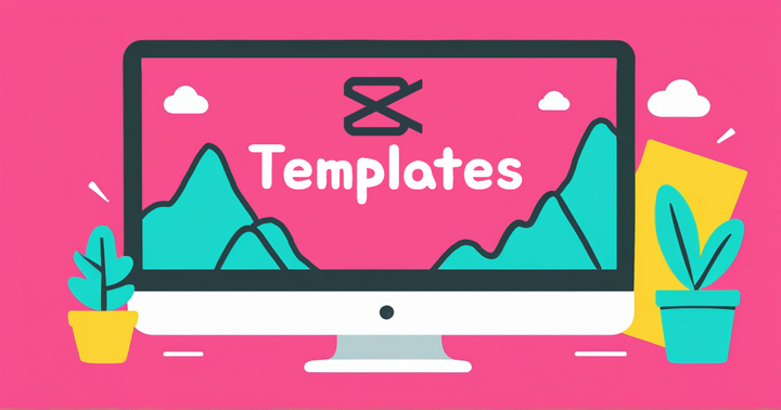 A desktop computer showing the word "templates" along with the CapCut video logo