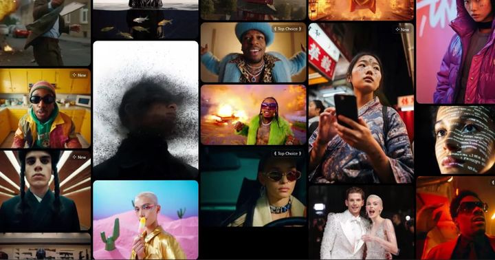 Higgsfield AI video website showing example generated videos.