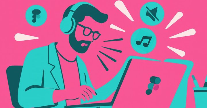 A stylized image of a person sitting at a laptop removing the sound from a Figma video prototype. 