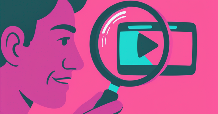 A man holding a magnifying glass to a video icon representing a reverse video search process. 