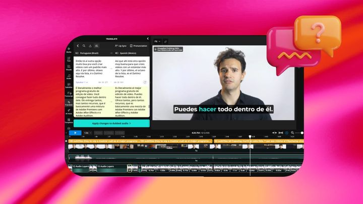 Screenshot inside the Kapwing editor showing the translation studio with two transcripts side by side