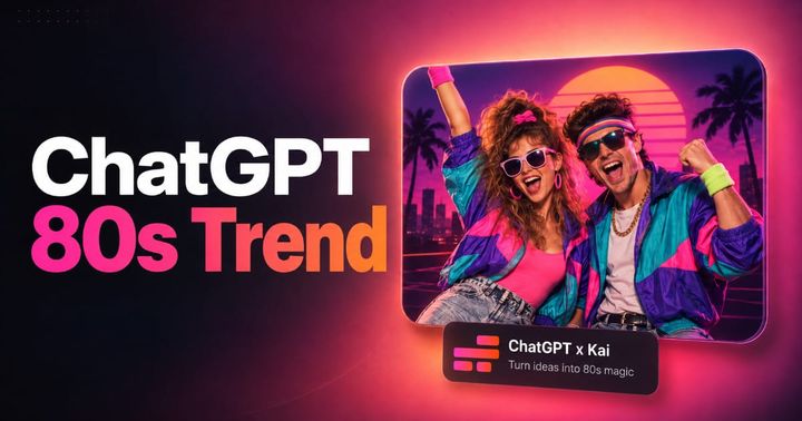 A neon-colored image with the text "ChatGPT 80s Trend" along side an image of two people in Miami-Vice aesthetic apparel and coloring.