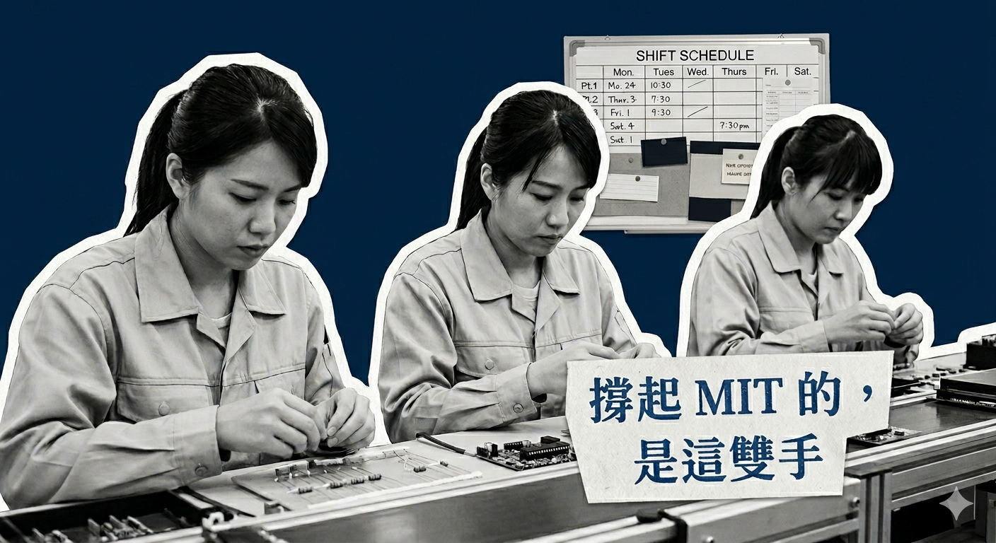 以數位拼貼風格生成的台灣製造業生產線插圖。四位穿藍色工作服的台灣員工在工作檯上手工組裝零件,其中一位主管手持寫字夾板監看。背景為深藍色純色,並有一張寫著「班次表」的紙張看板。人物以黑白攝影風格呈現,邊緣帶有粗白色剪紙輪廓。