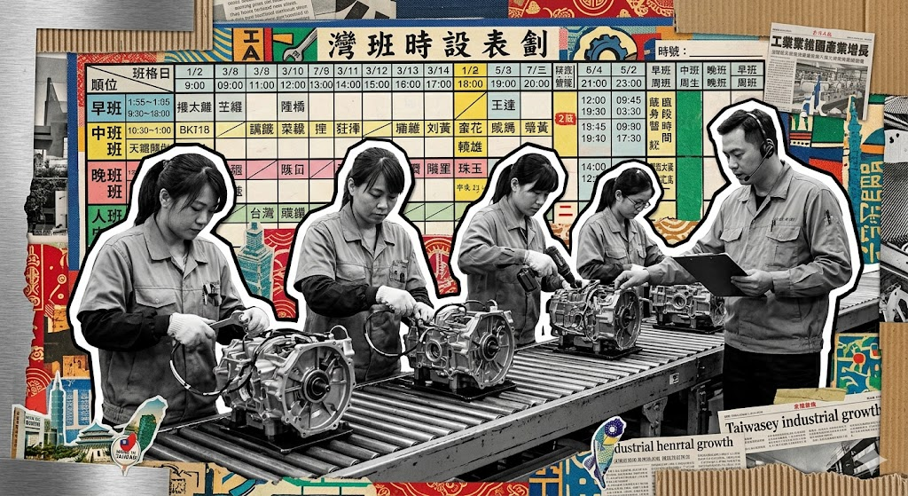 以數位拼貼風格生成的台灣製造業生產線插圖。四位穿藍色工作服的台灣員工及一位男性主管在工作檯上手工組裝零件,其中一位主管手持寫字夾板監看。背景為深藍色純色,並有一張寫著「班次表」的紙張看板。人物以黑白攝影風格呈現,邊緣帶有粗白色剪紙輪廓。