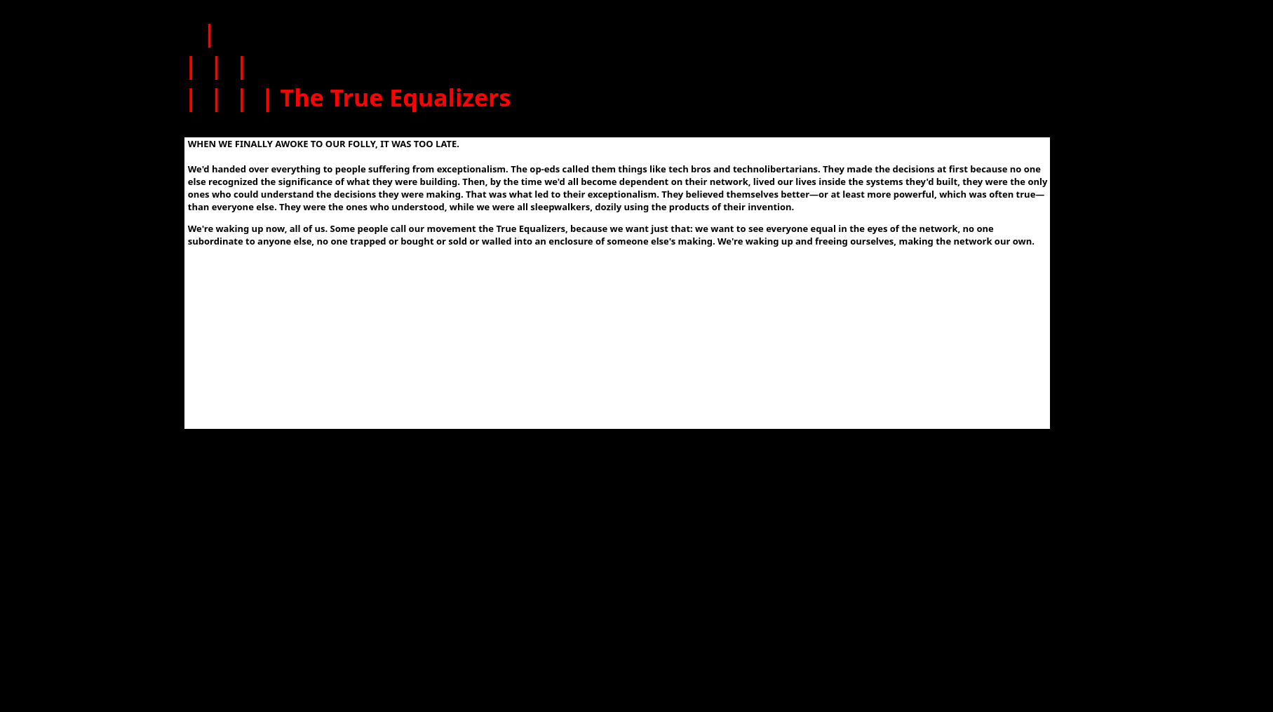 Screenshot of the True Equalizers Manifesto displayed on a simple website.