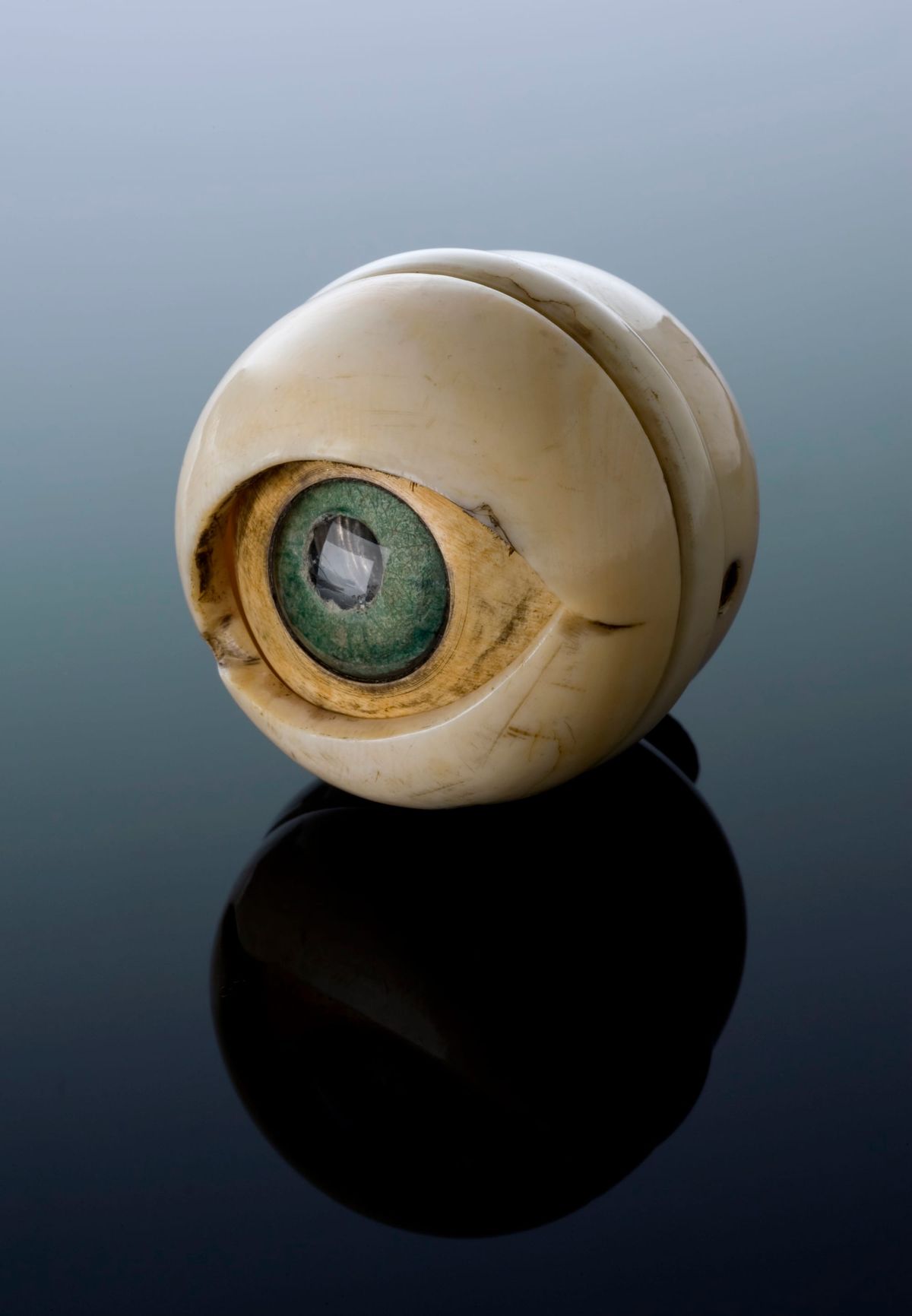 A model of an eye, made of ivory and horn. It sits on a dark surface and casts a shadow.