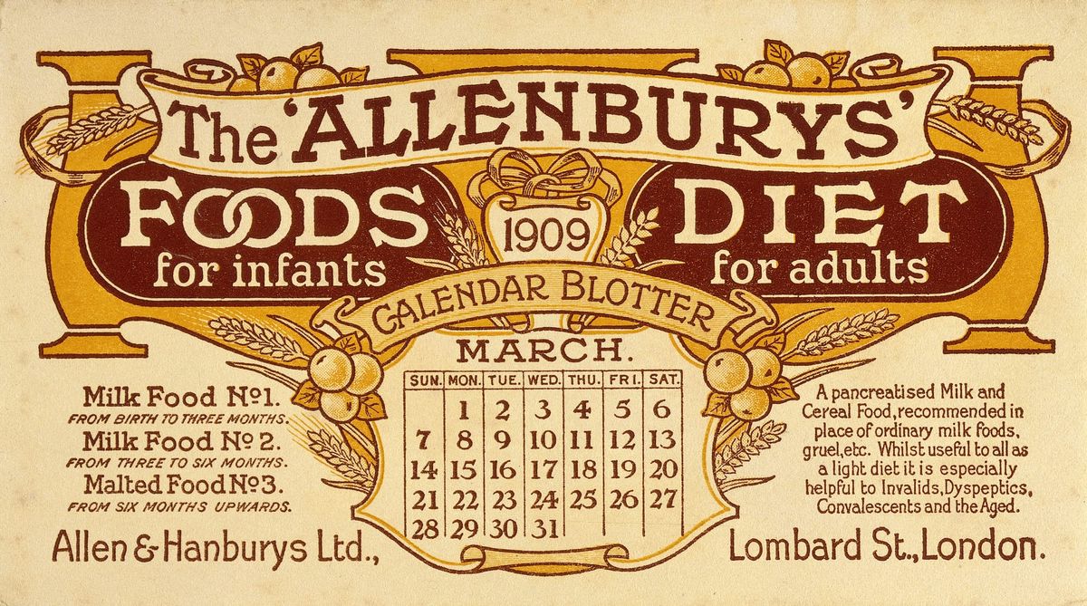 Advertising image for a milk/grain concoction targeted towards both infants and adults. Ornate heading, with a calendar underneath and description of product.