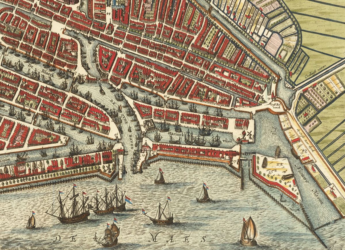 An old map showing the river Meuse (labelled as "MAES") and land around it with several harbours leading off.