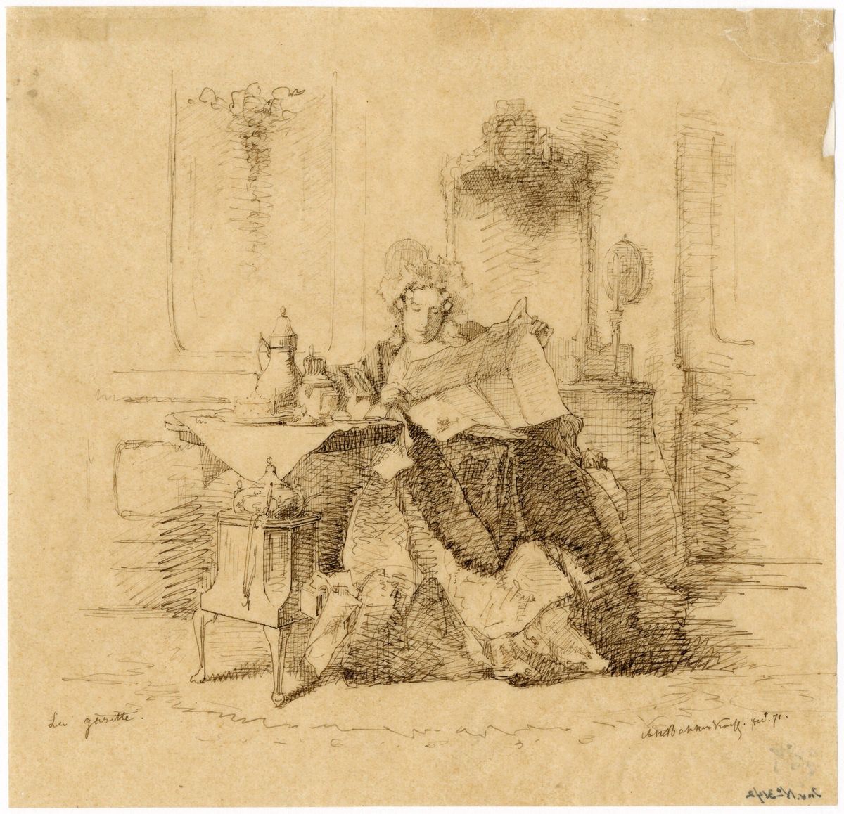 A visibly old black and white drawing of a woman in 19th century dress reading a newspaper.