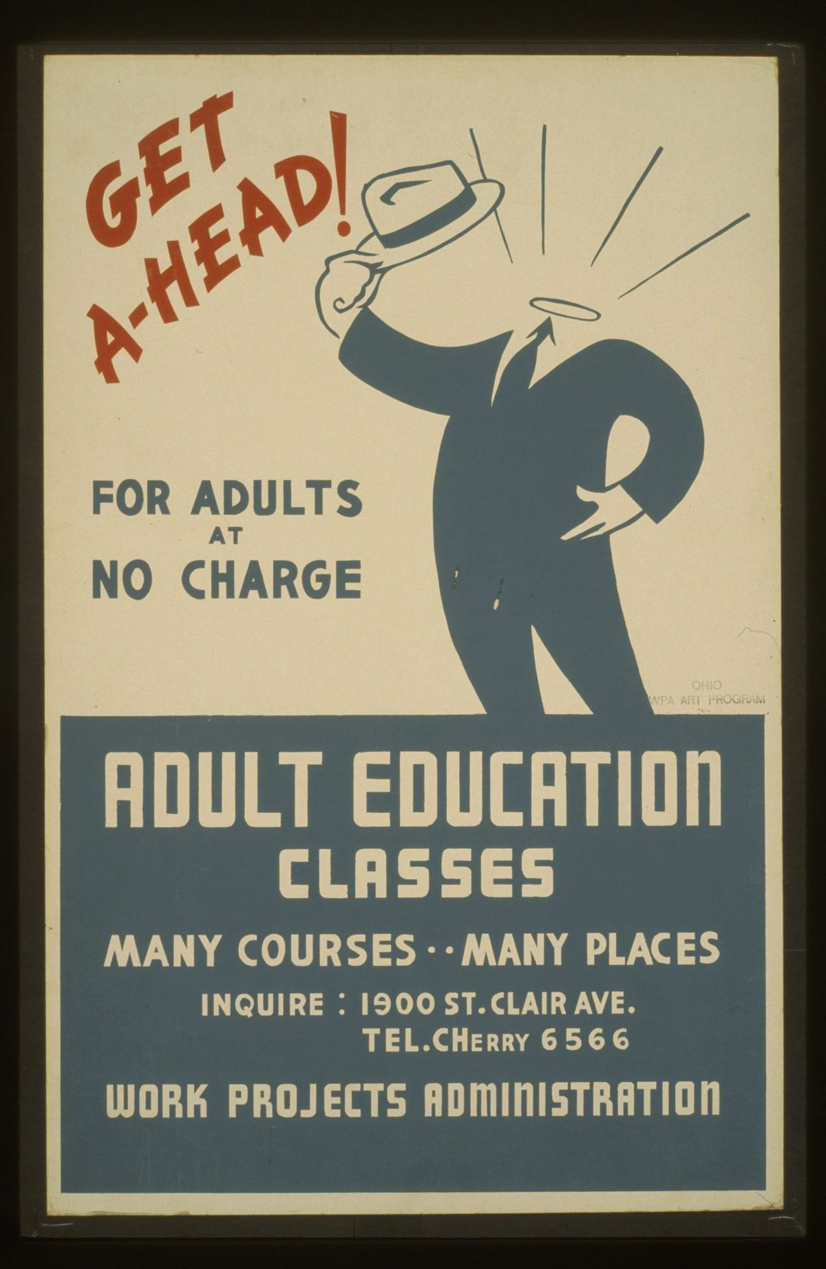 A poster showing a besuited body holding a hat, with an empty space where the head would be. The slogan reads "Get A-head!" and the poster advertises adult education classes.