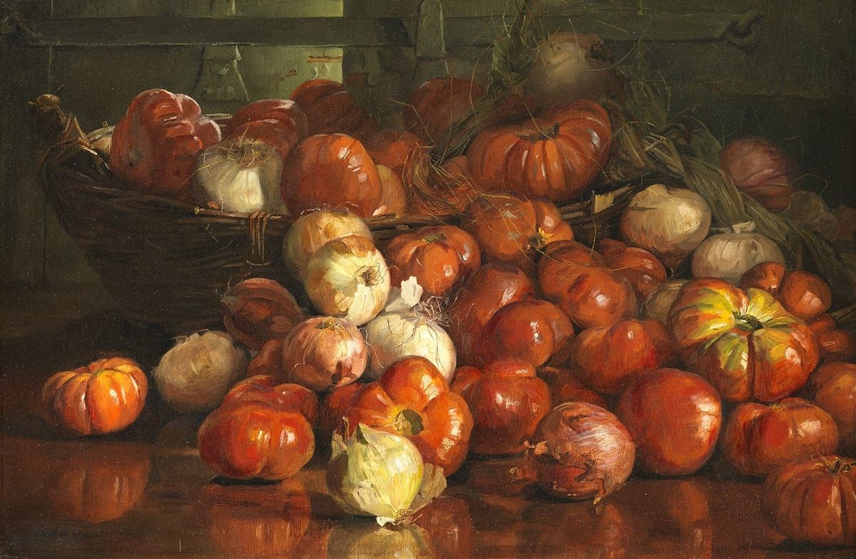 A mostly subdued painting, showing tomatoes and onions spilling out of a basket onto a table. The tomatoes are very red.
