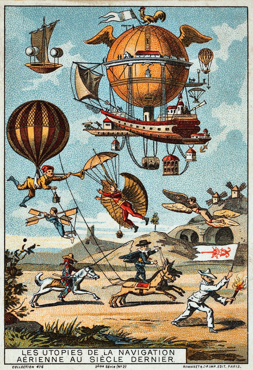 Colour lithograph from the late 19th century depicting several flying machines with whimsical people running and rinding horses along the ground.