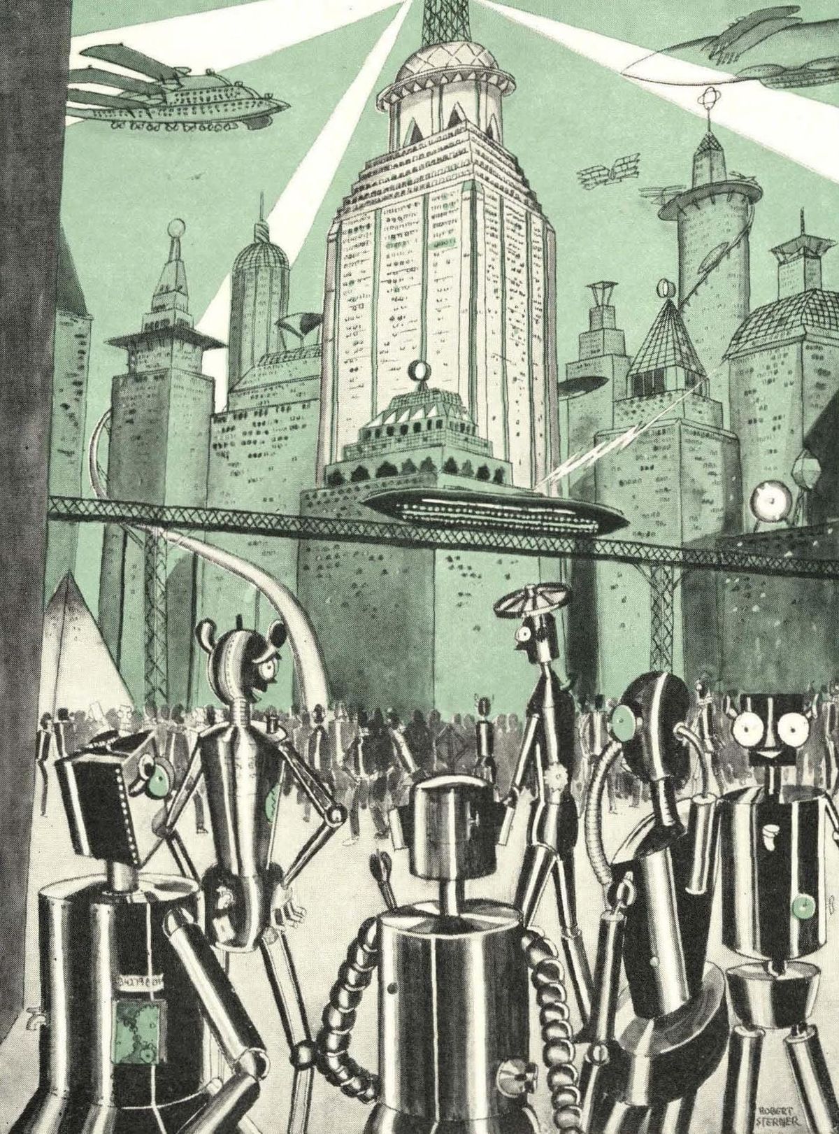 An illustration of a crowd of robots walking around in a futuristic city. There are skyscrapers, and airships in the sky.