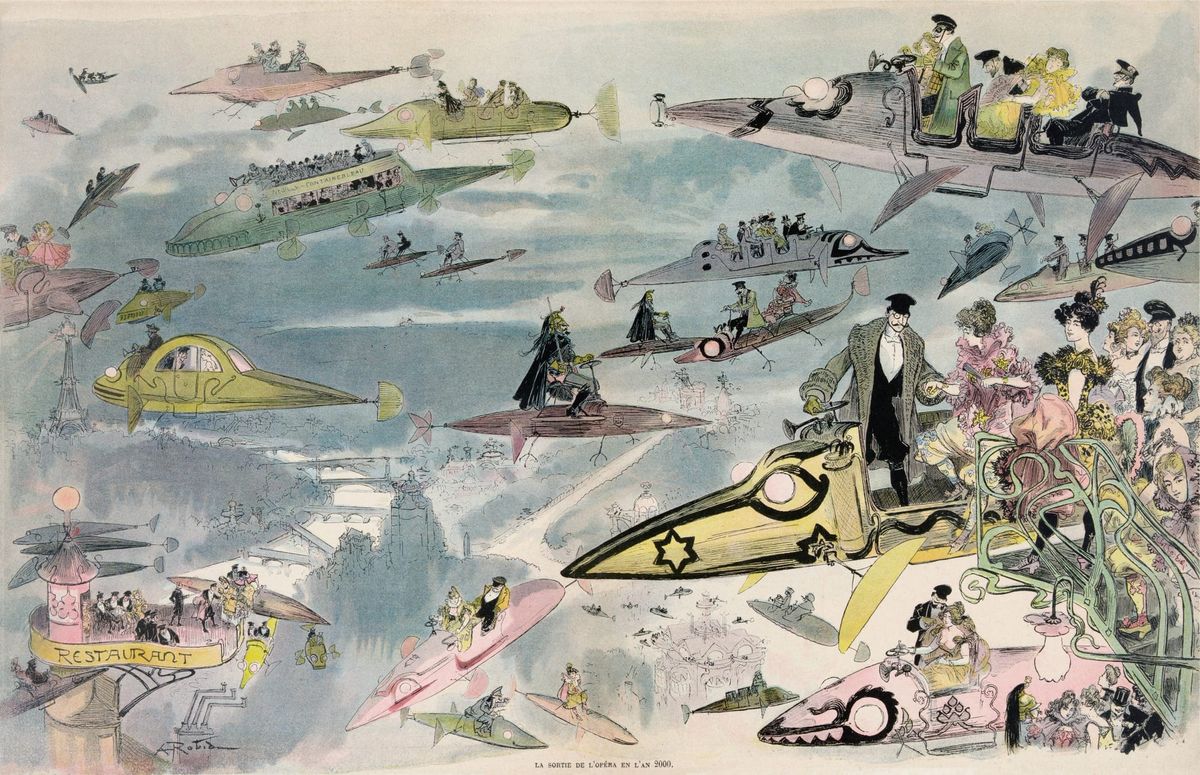 A watercolour illustration in pastel shades, showing well-dressed people in flying cars.