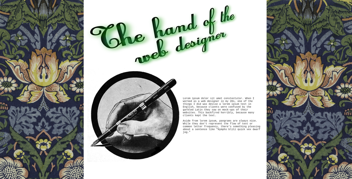Screenshot of a website which has a William Morris pattern in the background and a flashy title which says "The hand of the web designer" in glowing green script.