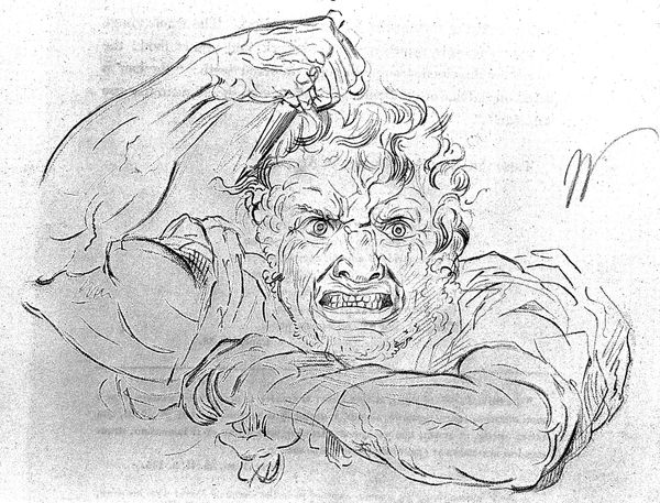 Line drawing of the head, shoulders, and arms of a muscular and apparently extremely angry man. He has clenched teeth, flared nostrils, wide eyes, and is wielding some kind of knife.