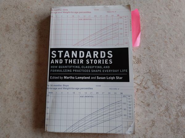 A dog-eared paperback book on a concrete floor. The book is called Standards and their Stories, and it has a pink post-it note sticking out of its side.