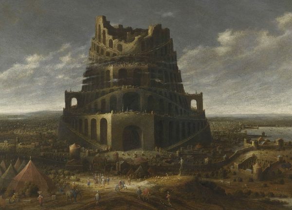 A dark and subdued painting of the tower of babel, its top cracked and broken.