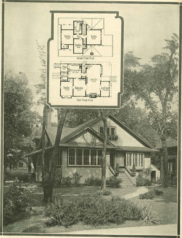 A sepia-toned page from a book, showing a photo of a house with a floorplan superimposed on top.
