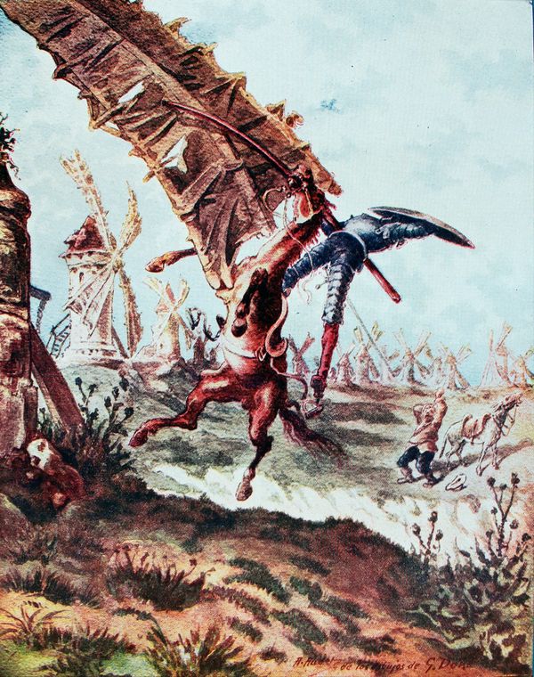 An illustration of a knight being knocked off his horse by a windmill.