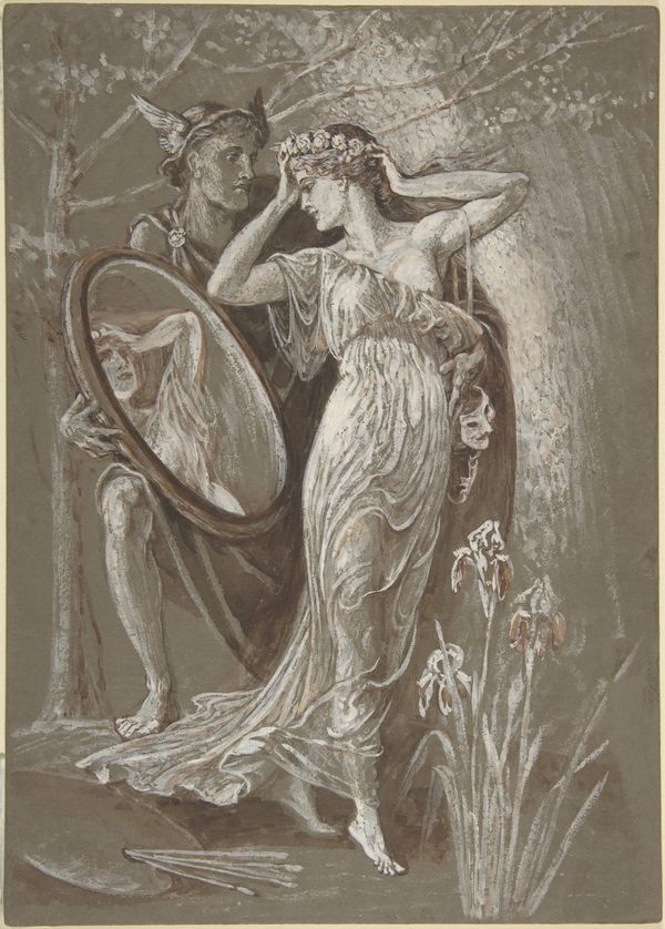 Drawing of Venus in a wood, with a mirror being help up for her as she looks at her reflection.