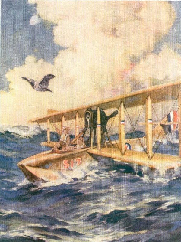A painting of a heroic pigeon flying over a plane floating on water.