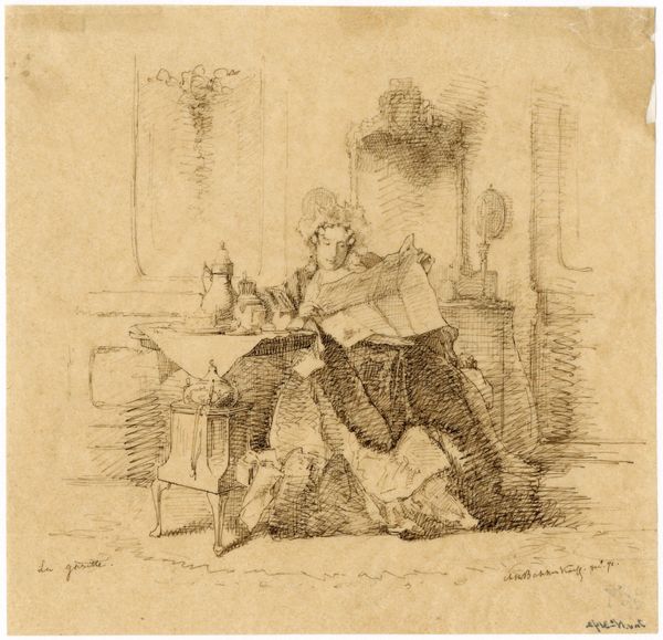 A visibly old black and white drawing of a woman in 19th century dress reading a newspaper.