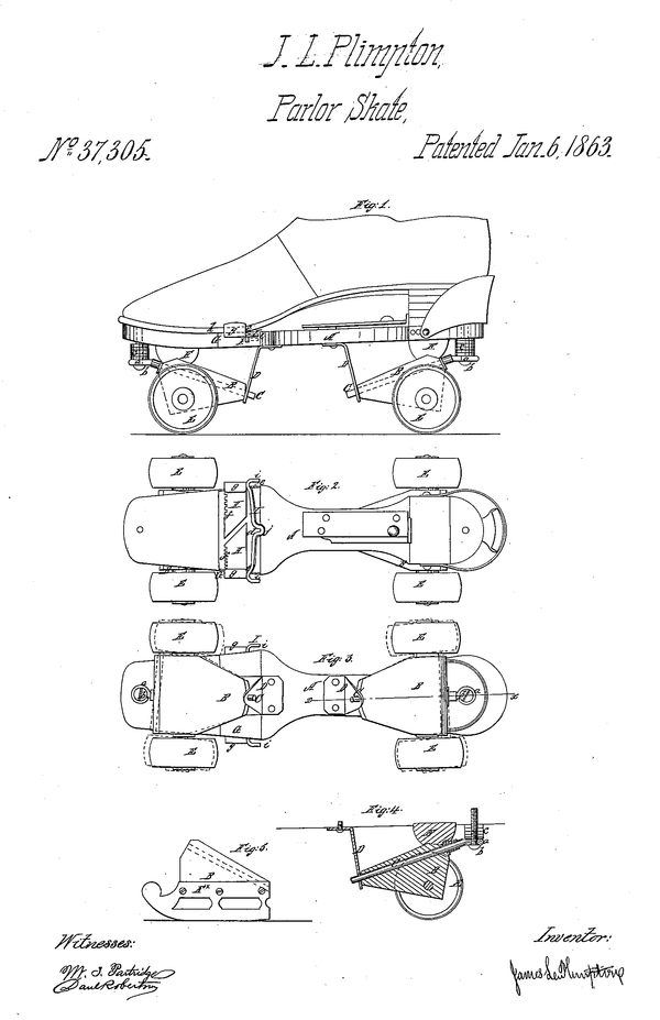 A multi-angle schematic drawing of a quad roller skate, signed by its inventor, J.L. Plimpton.