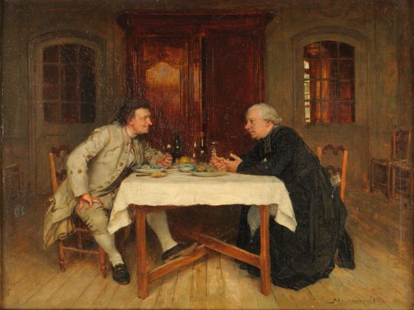 Painting of two men talking at a table, over food and bottles of wine. One of the men is dressed as a curate.