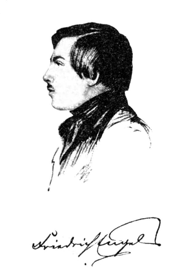 Side-on portrait of a young Friedrich Engels, in black and white.