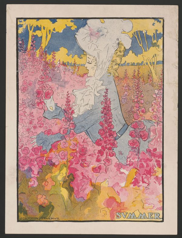 An old poster with pink flowers, a simple, treed background, and a woman wearing a large bonnet. It is captioned "Summer."