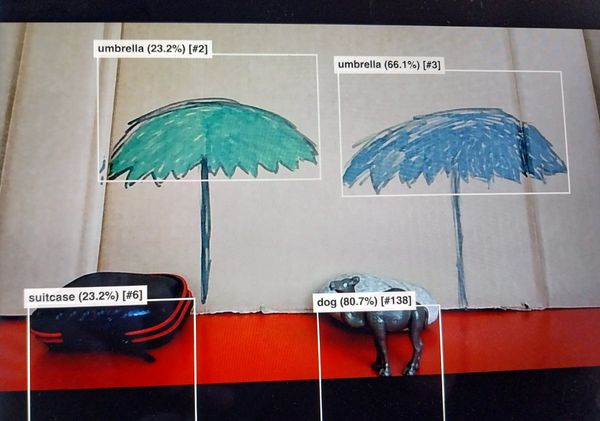 A photo of a computer screen, showing a scene. There is a cardboard background with beach umbrellas drawn on it, and other objects in the foreground, all with bounding boxes.