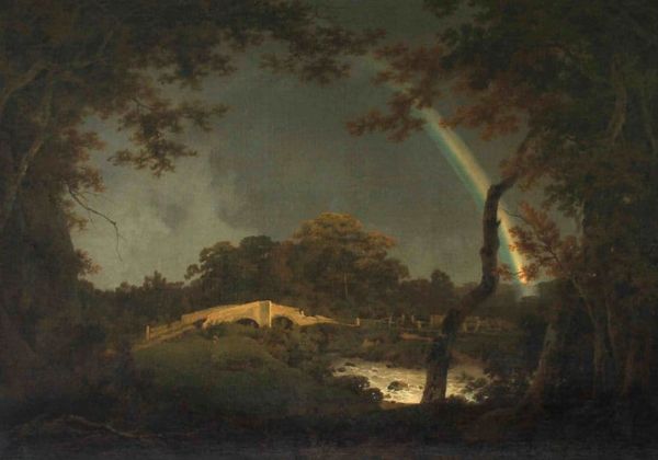 A relatively dark landscape painting showing dense woodland, with a bright rainbow peeking through tree branches in the upper-right corner.