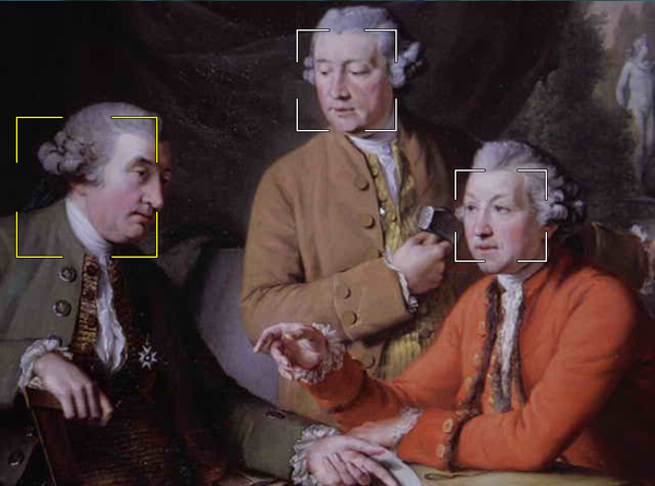 A painting of three men in period dress, with bounding boxes imposed over their faces.