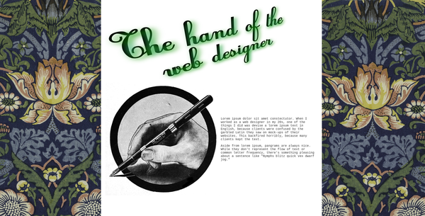 Screenshot of a website which has a William Morris pattern in the background and a flashy title which says "The hand of the web designer" in glowing green script.