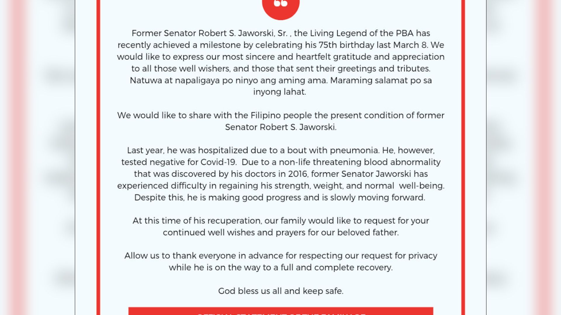 Jawo is doing well, family asks for prayers