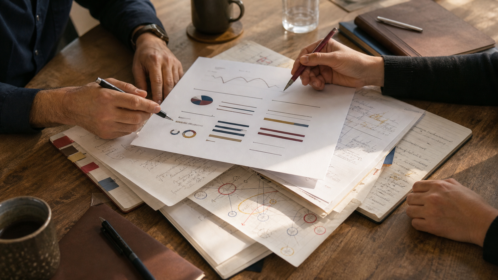 A polished meeting summary layered over handwritten notes, feedback, and decision context, representing the visible output of work and the less-visible learning it produces.