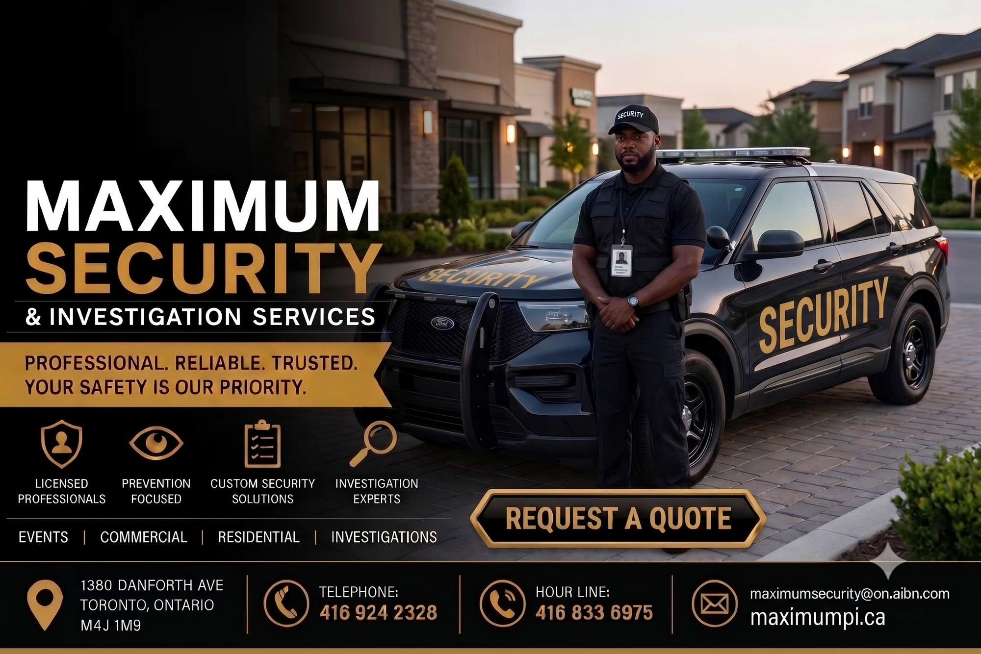 Promotional flyer for Maximum Security and Investigation Services in the Greater Toronto Area, featuring a professional security guard, a patrol vehicle, and a list of commercial, residential, and event security solutions across Southern Ontario available at https://www.maximumpisecurity.ca .